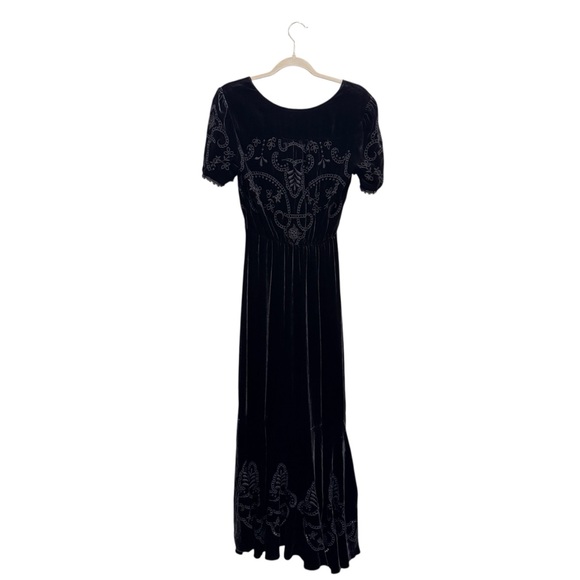 Love Johnny Was Velvet Maxi Dress Silk Embroidered Floral Holiday Party Black XS - Picture 9 of 12